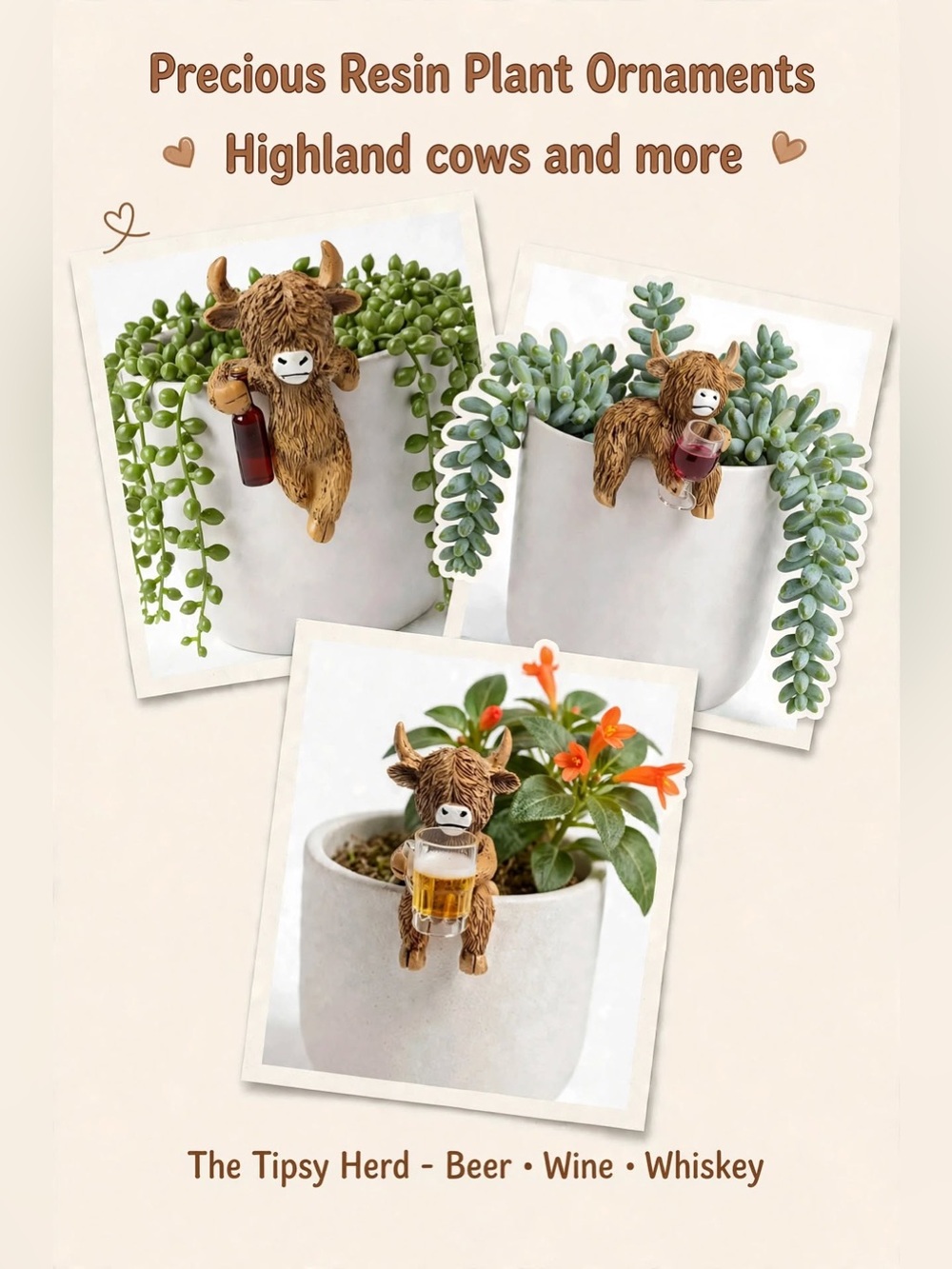 Precious Resin Plant Ornaments - Highland Cows & More 🐮🌿